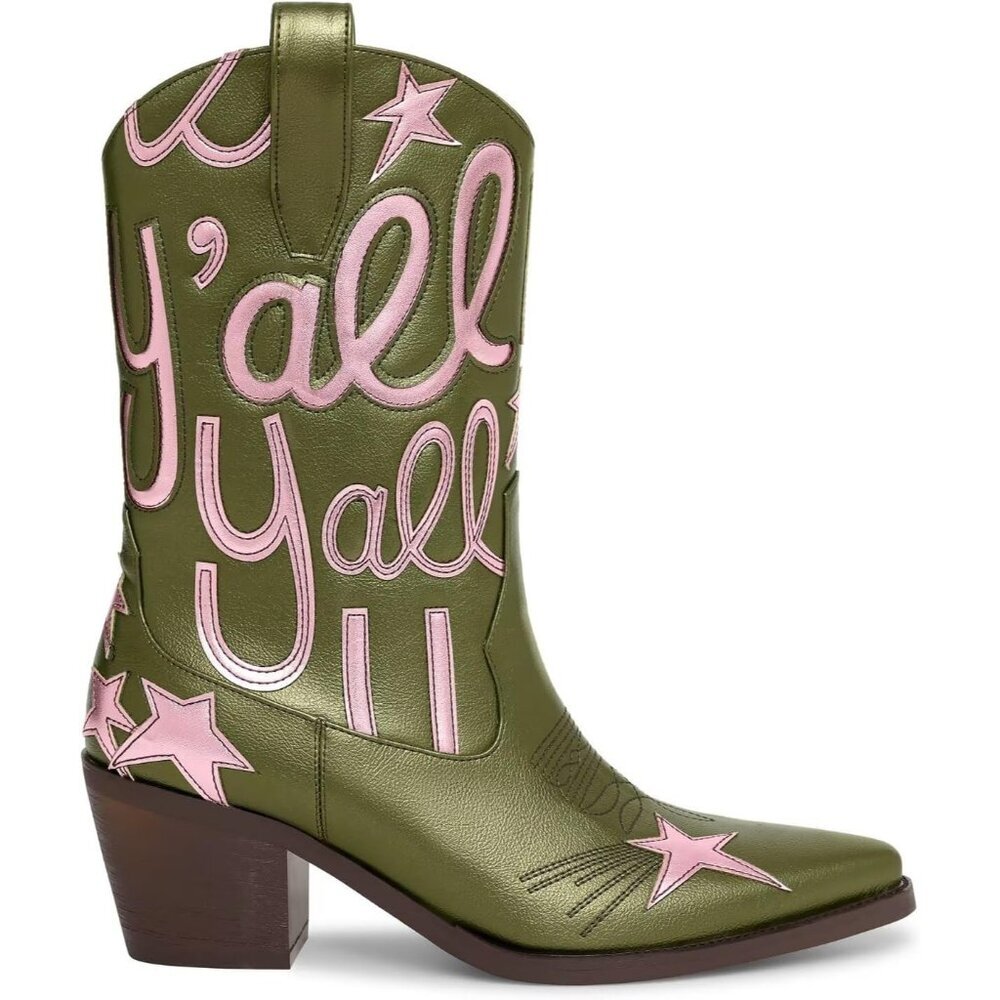 ⚡Women's Green Embroidery Western Cowgirl Boots Mid Calf Low Heel Pointed Toe - Picture 2 of 6
